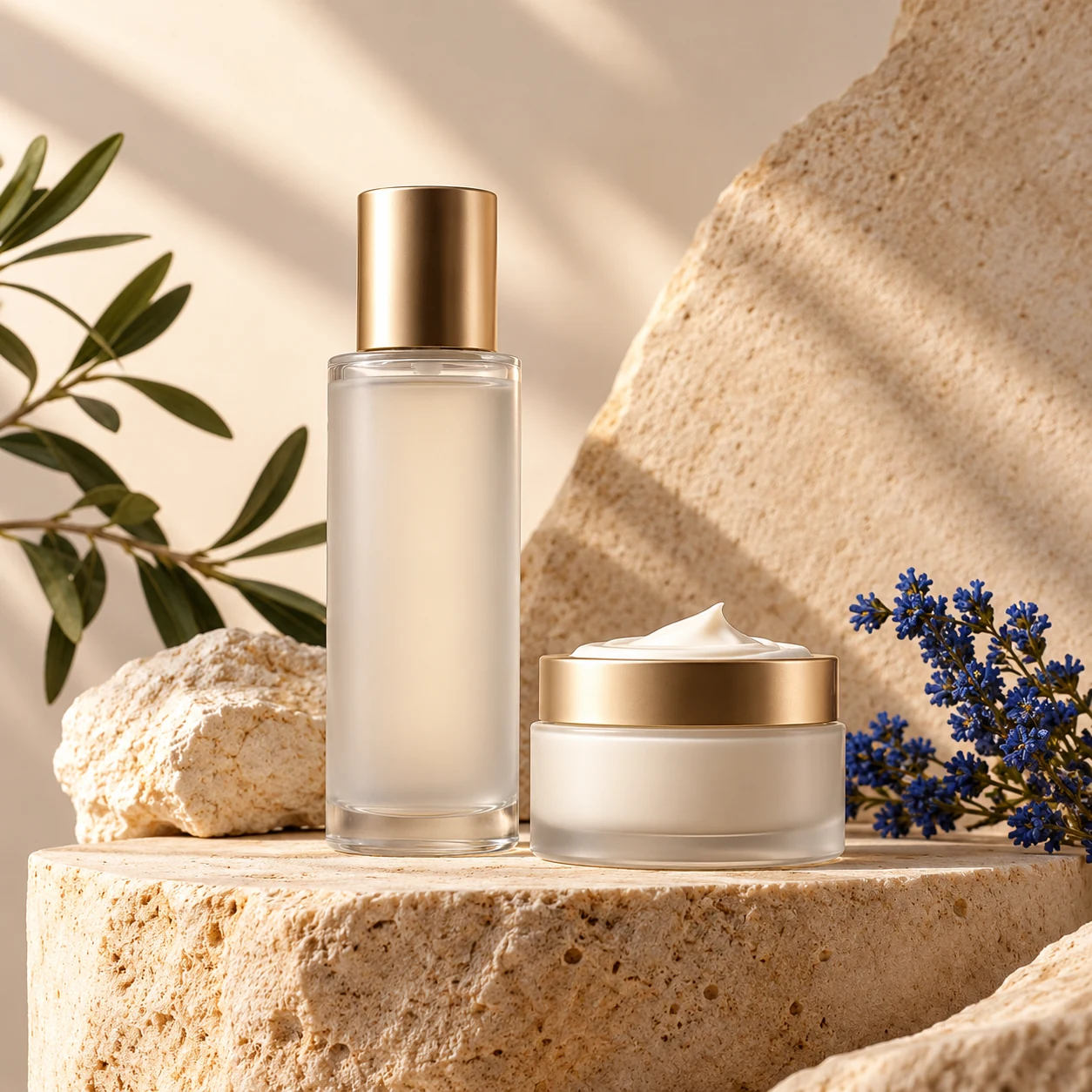 Unbranded skincare products in warm studio light