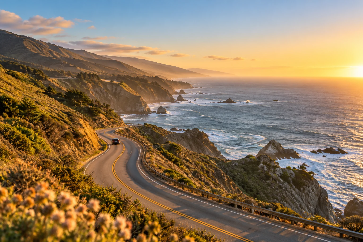 California coastal road at golden hour